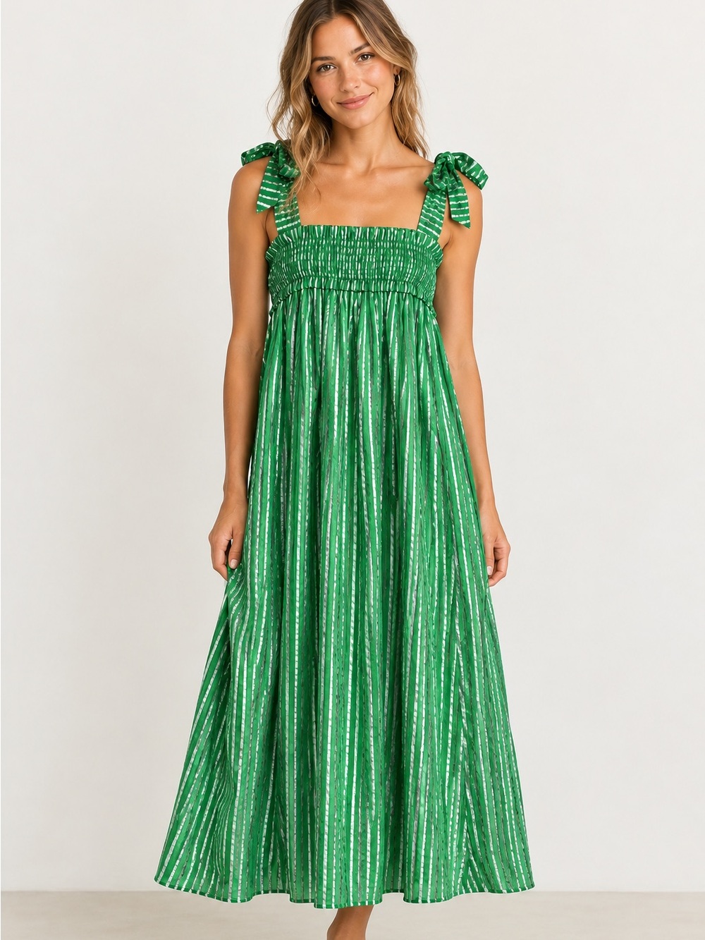 NEW BURU Green Metallic Striped Tie Shoulder Midi Dress 1X/2X